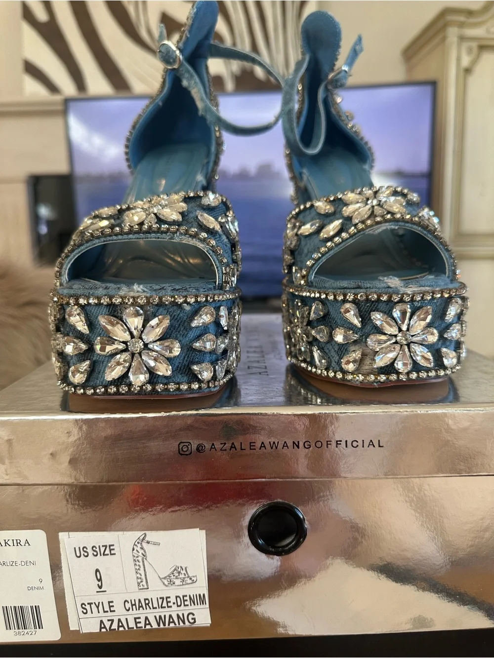 Denim Blue Crystal Floral Platform Sandals